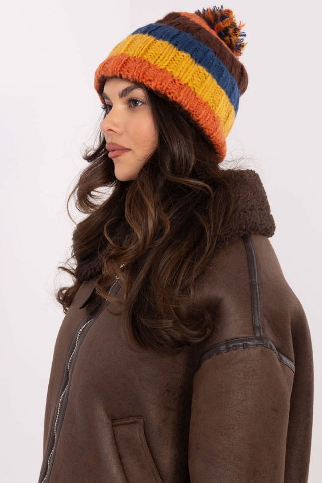Love Lace Love Lace Women's Cozy Striped Pom Pom Winter Beanie Soft Warm Flexible Outdoor Hat in Orange - 2