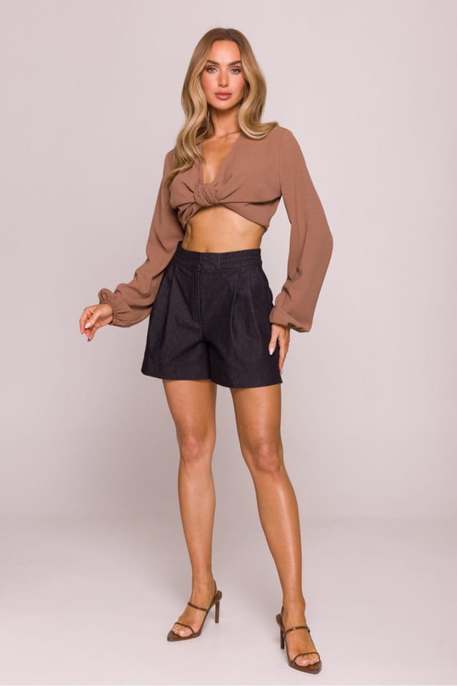 Love Lace Love Lace Women's Cotton Matte High Waisted Pleated Shorts in Grey - 2