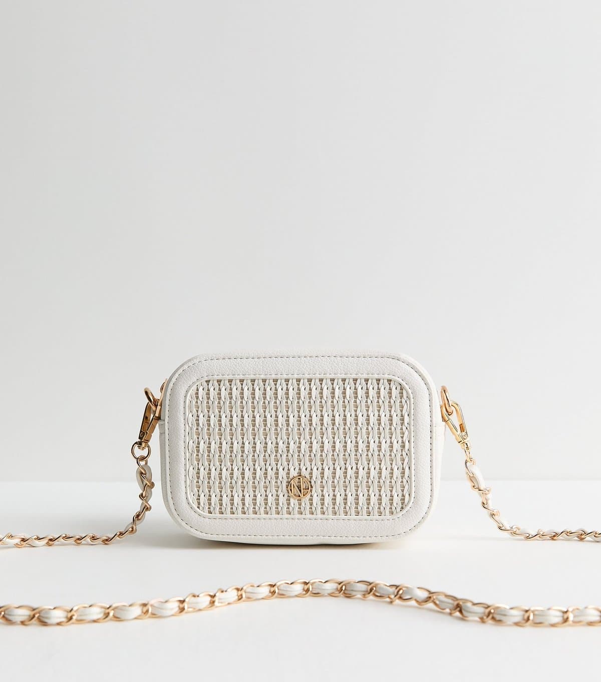 New Look New Look White Faux Leather Woven Chain Crossbody Bag