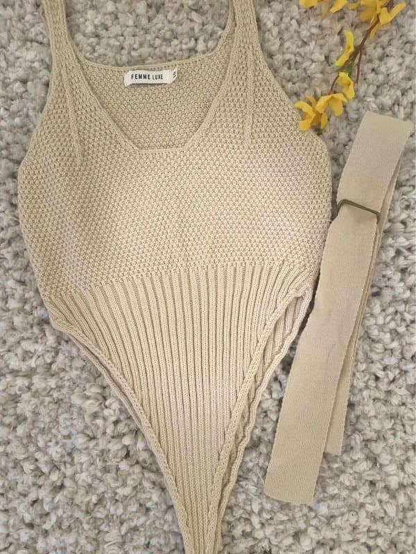 Femme Luxe Cream knitted bodysuit with belt size 10