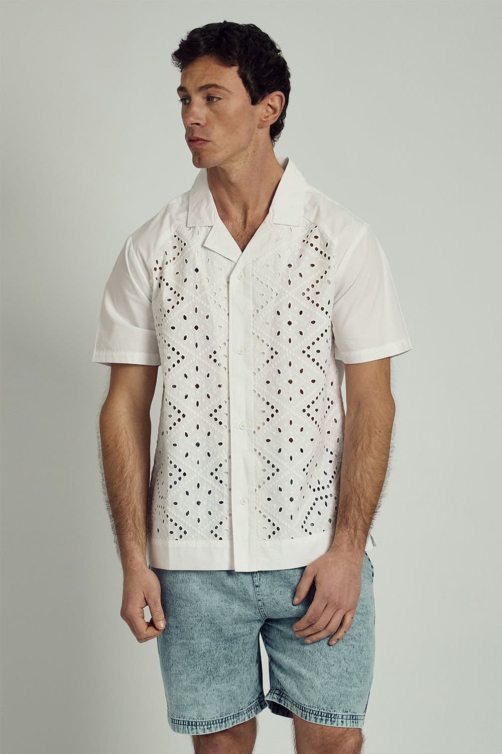 Native Youth Native Youth Men's Cotton Short Sleeve Broderie Lace Shirt in White