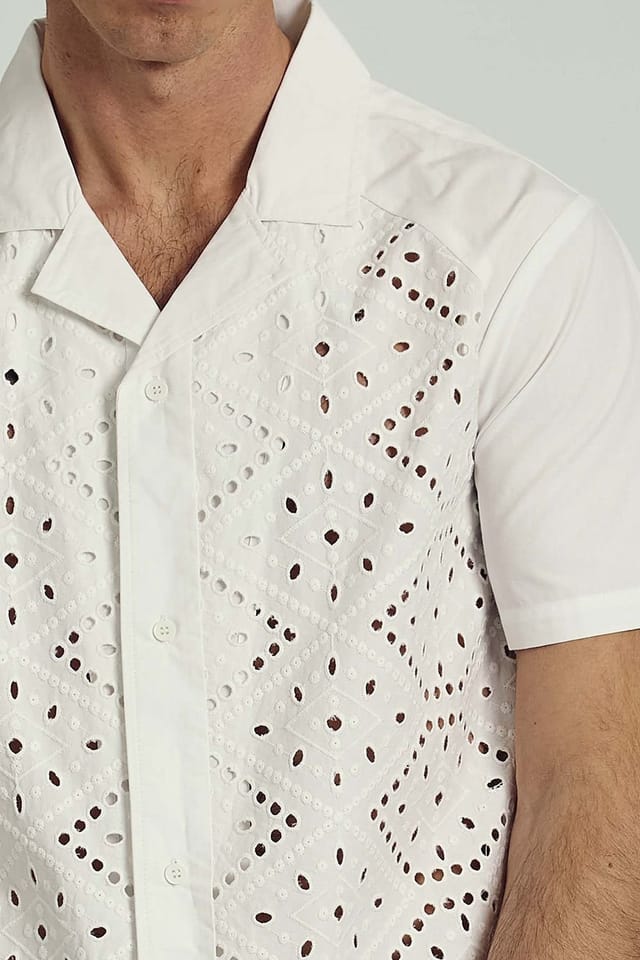 Native Youth Native Youth Men's Cotton Short Sleeve Broderie Lace Shirt in White - 3
