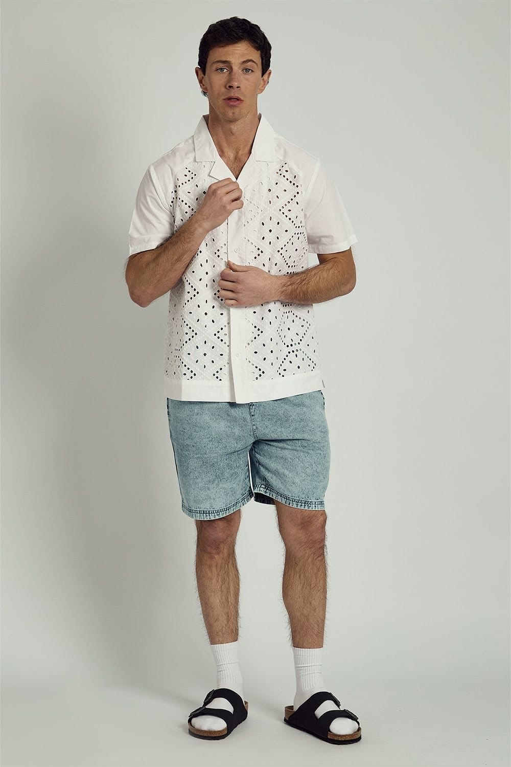 Native Youth Native Youth Men's Cotton Short Sleeve Broderie Lace Shirt in White - 4