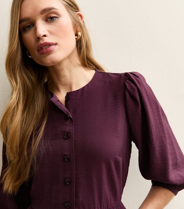 New Look Women's Dark Burgundy Buttoned Cropped Sleeve Midi Dress New Look - 2