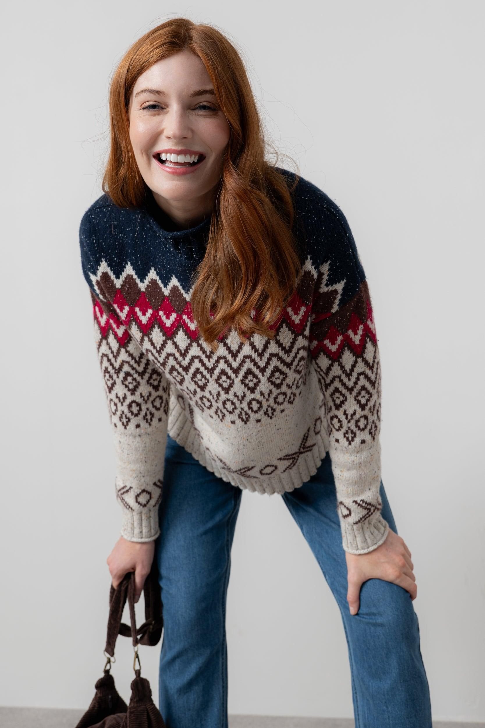 Lily & Me Lily & Me Women's Maeve High Neck Cotton Blend Fair Isle Jumper in Chocolate - 2