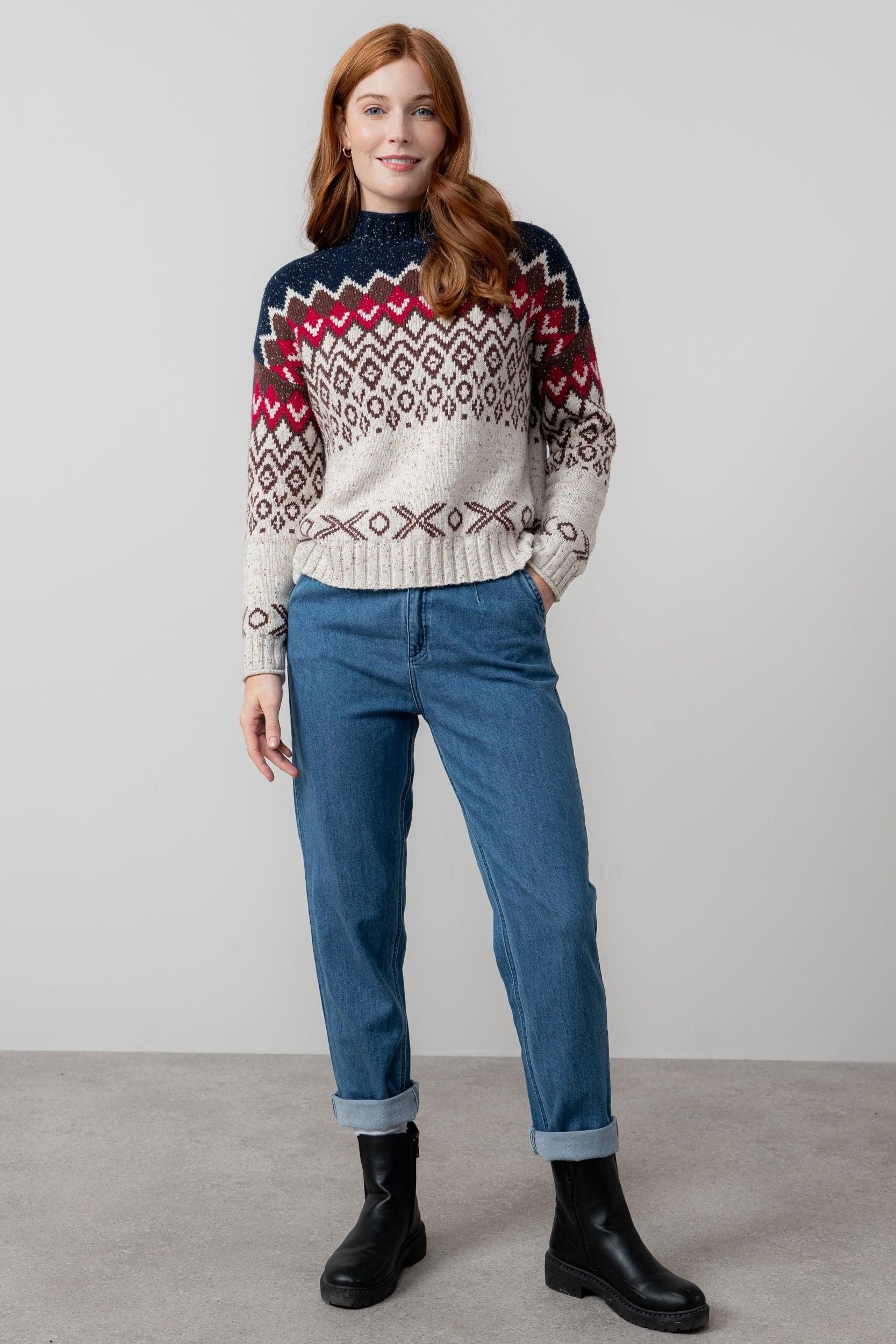 Lily & Me Lily & Me Women's Maeve High Neck Cotton Blend Fair Isle Jumper in Chocolate - 3