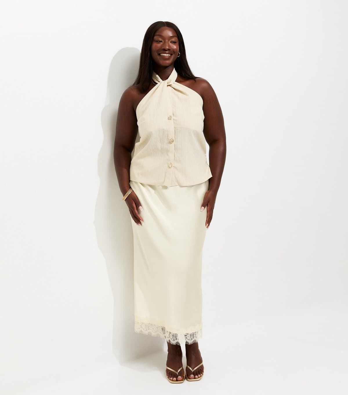 New Look Women's Plus Size Cream Satin Lace Trim Midi Skirt Curves New Look