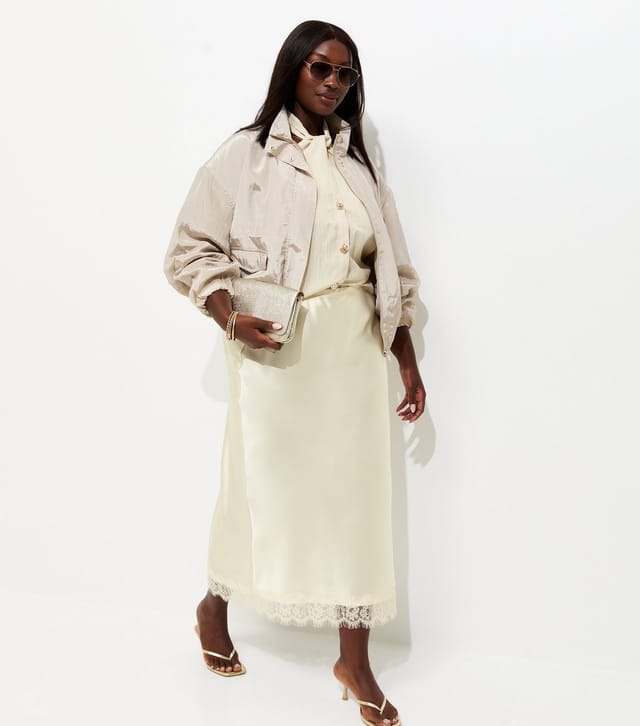 New Look Women's Plus Size Cream Satin Lace Trim Midi Skirt Curves New Look - 3