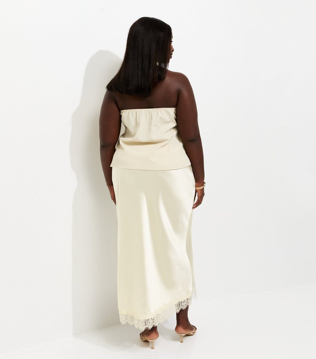 New Look Women's Plus Size Cream Satin Lace Trim Midi Skirt Curves New Look - 4