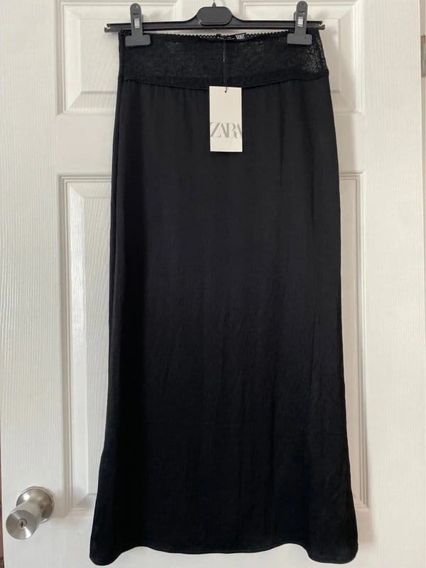 Zara Black Lace Detail Satin Long Skirt