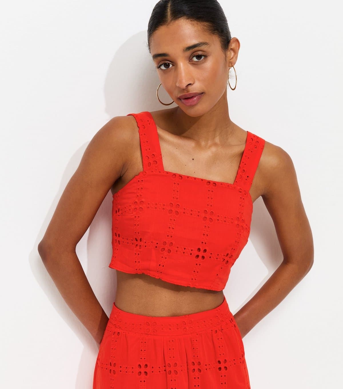 New Look Women's Burnt Orange Cotton Grid Lace Cropped Cami Top New Look