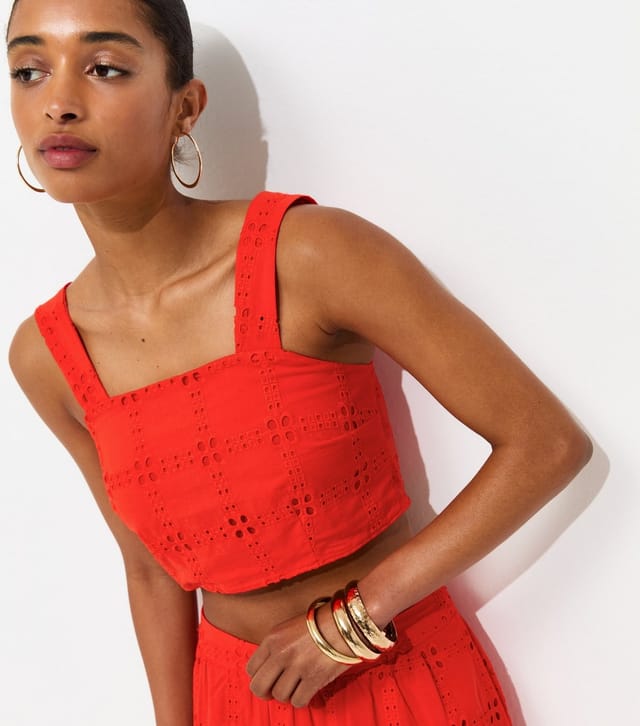 New Look Women's Burnt Orange Cotton Grid Lace Cropped Cami Top New Look - 2