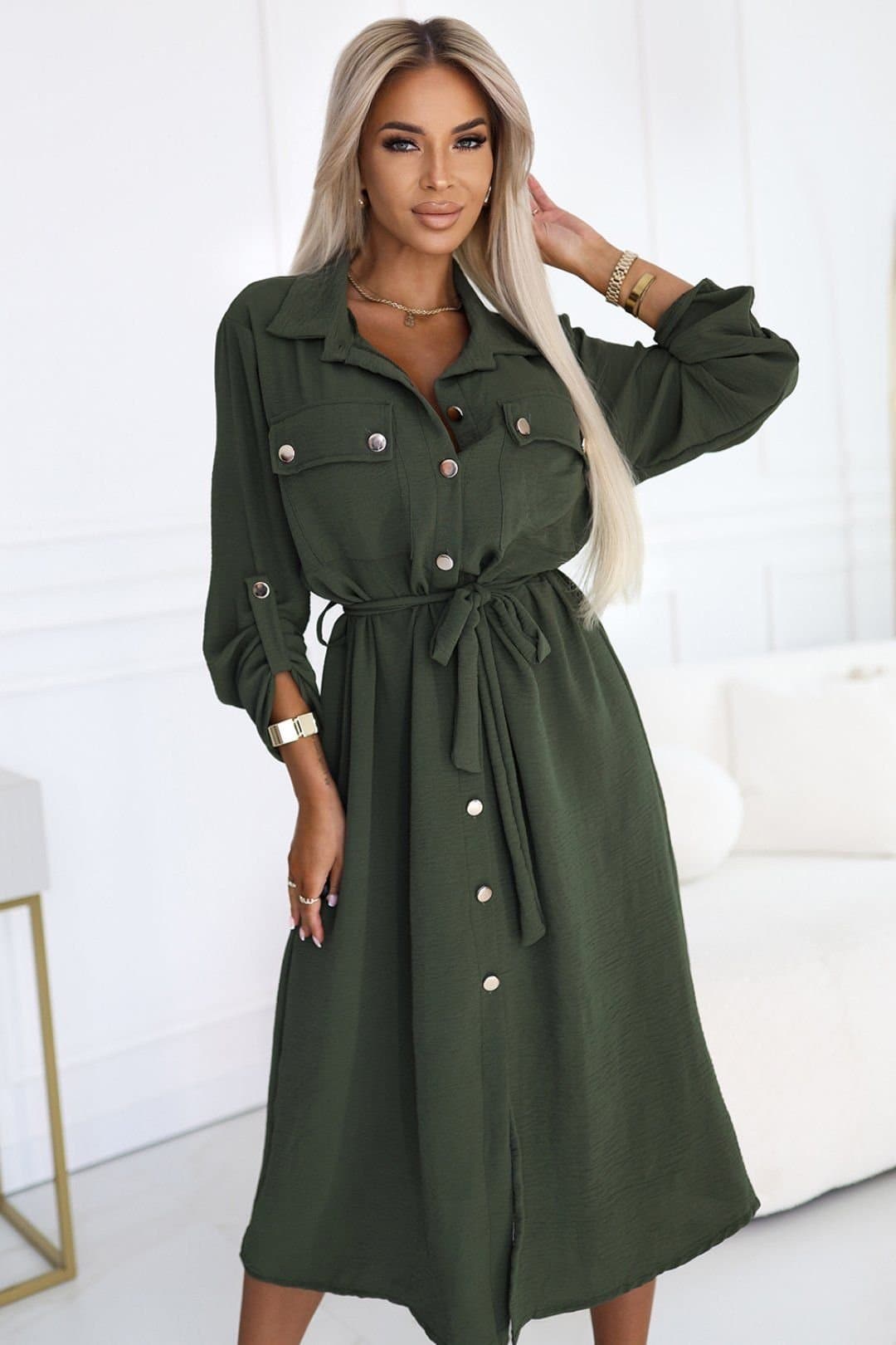 Love Lace Love Lace Women's Stylish Buttoned Trench Coat with Belt in Green