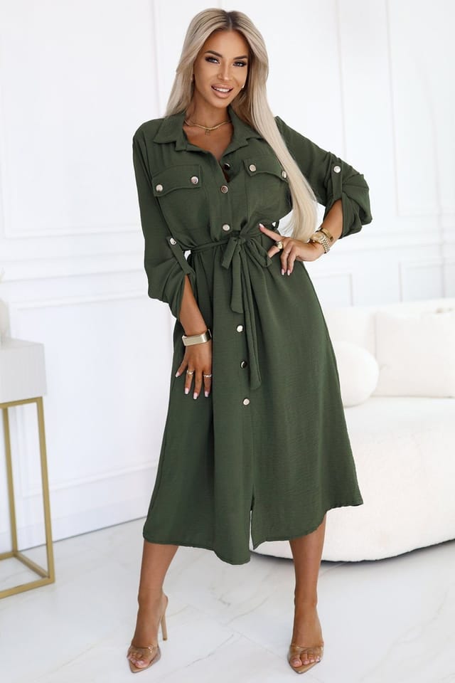 Love Lace Love Lace Women's Stylish Buttoned Trench Coat with Belt in Green - 2