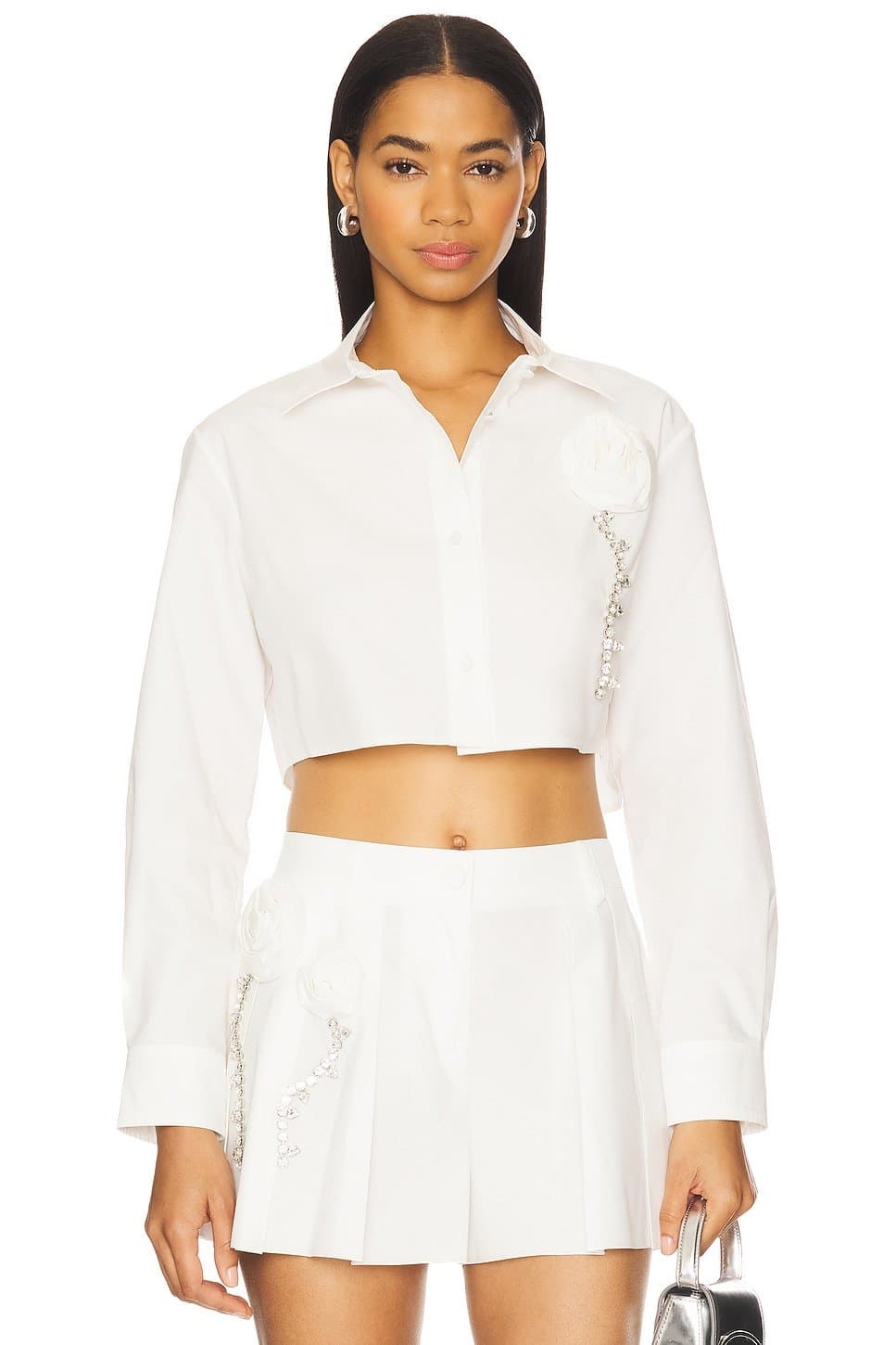 revolve Revolve Crystal Rosette Poplin Cropped Shirt in Off White