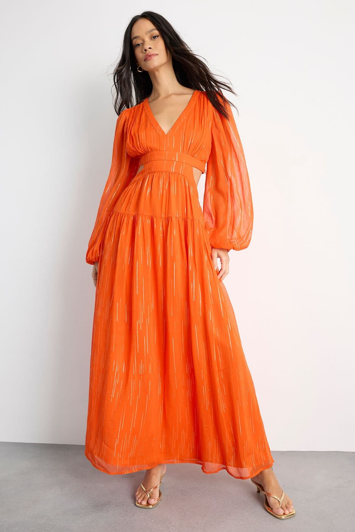 Warehouse Warehouse Women's Premium Viscose Metallic Open Back Maxi Dress in Orange