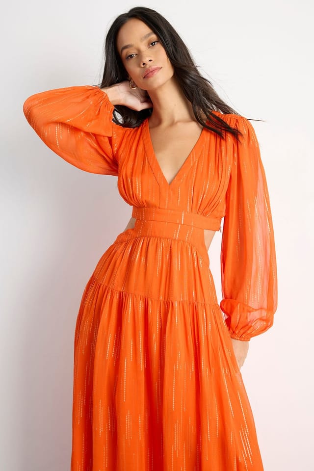 Warehouse Warehouse Women's Premium Viscose Metallic Open Back Maxi Dress in Orange - 2