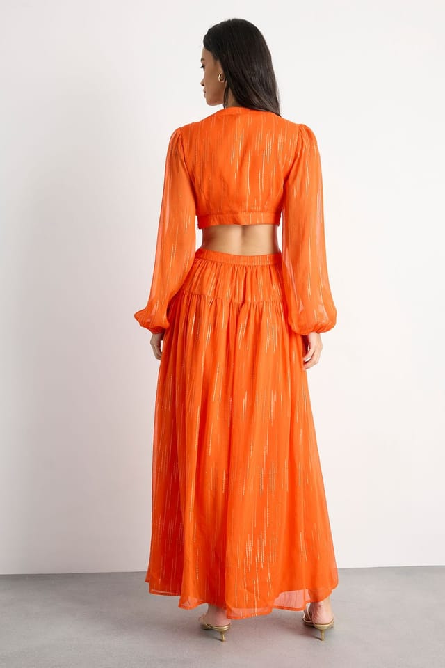 Warehouse Warehouse Women's Premium Viscose Metallic Open Back Maxi Dress in Orange - 3