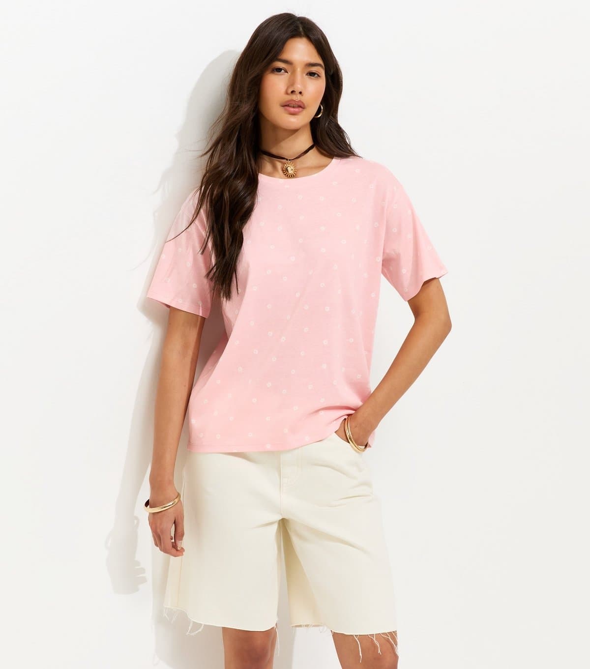 New Look Women's Pink Ditsy Floral Print T-Shirt New Look