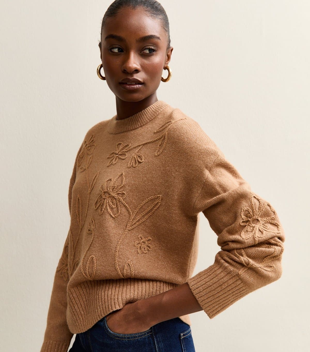 New Look Women's Camel Floral Embroidered Jumper New Look