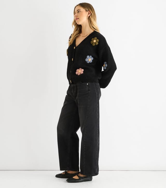 Gini London Women's Black Contrast Floral Applique Cardigan Gini London New Look - 3