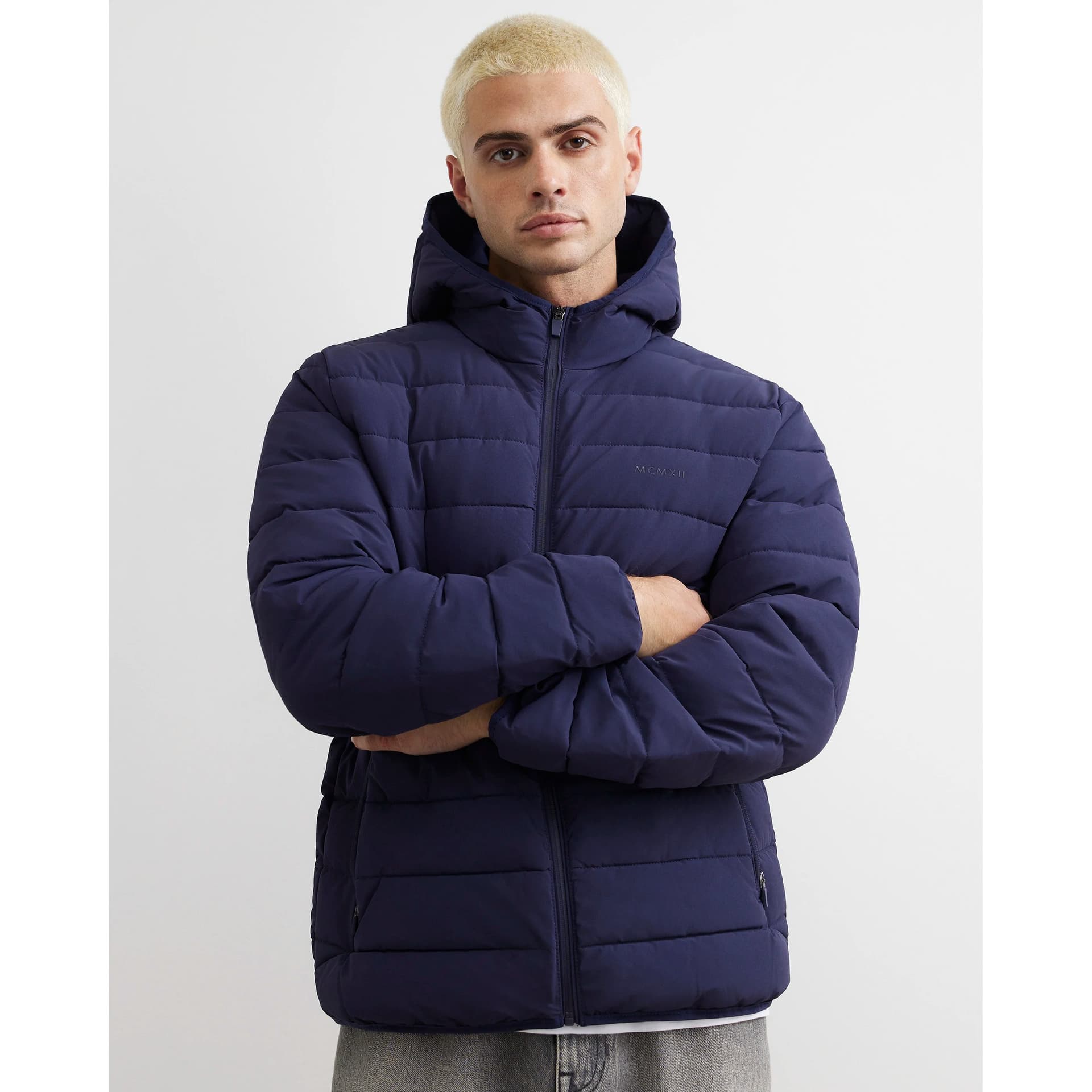 River Island Mens River Island Navy Muscle Fit Cotton Mcmxii Puffa Jacket