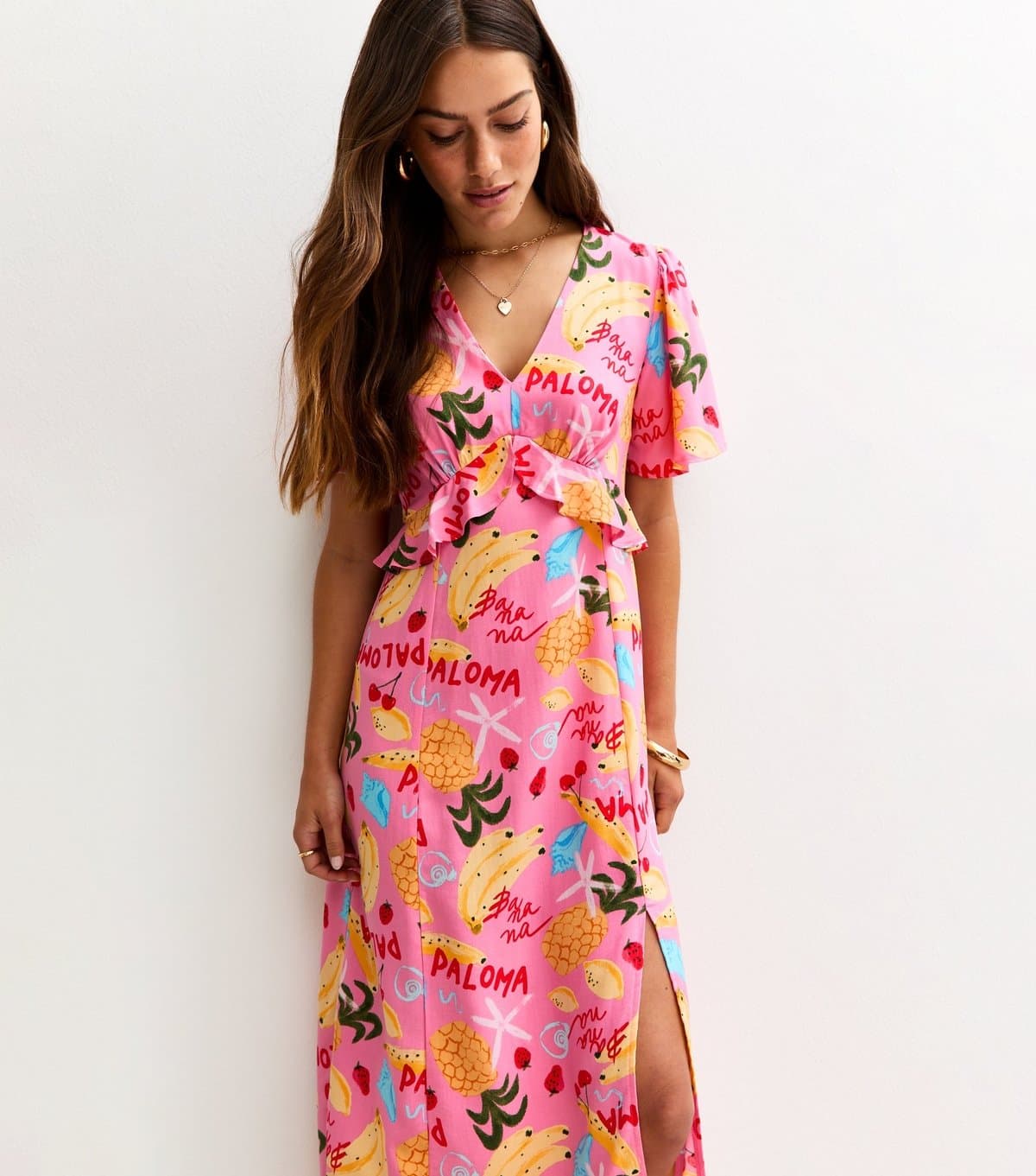 New Look Women's Petite Pink Fruit Print Ruffle Trim Midi Dress New Look