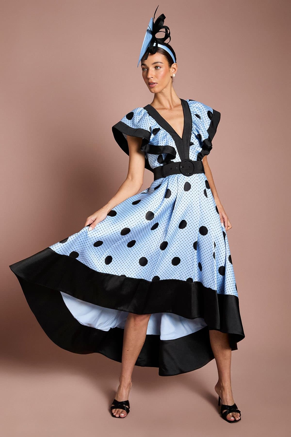 Coast Coast Women's Lisa Tan Spot Print Contrast Detail High Low Hem Midi Dress in Blue