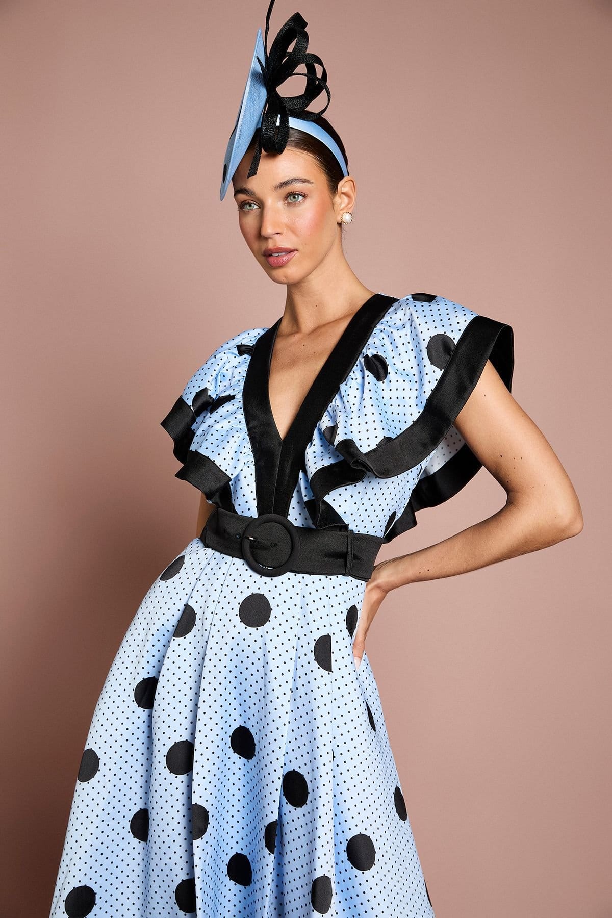 Coast Coast Women's Lisa Tan Spot Print Contrast Detail High Low Hem Midi Dress in Blue - 4