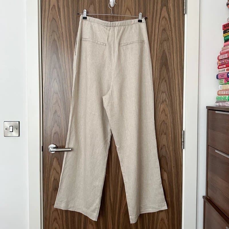 ASOS ASOS Beige Linen Mix Brown Belt Wide Leg Smart Office Work Trousers UK 14