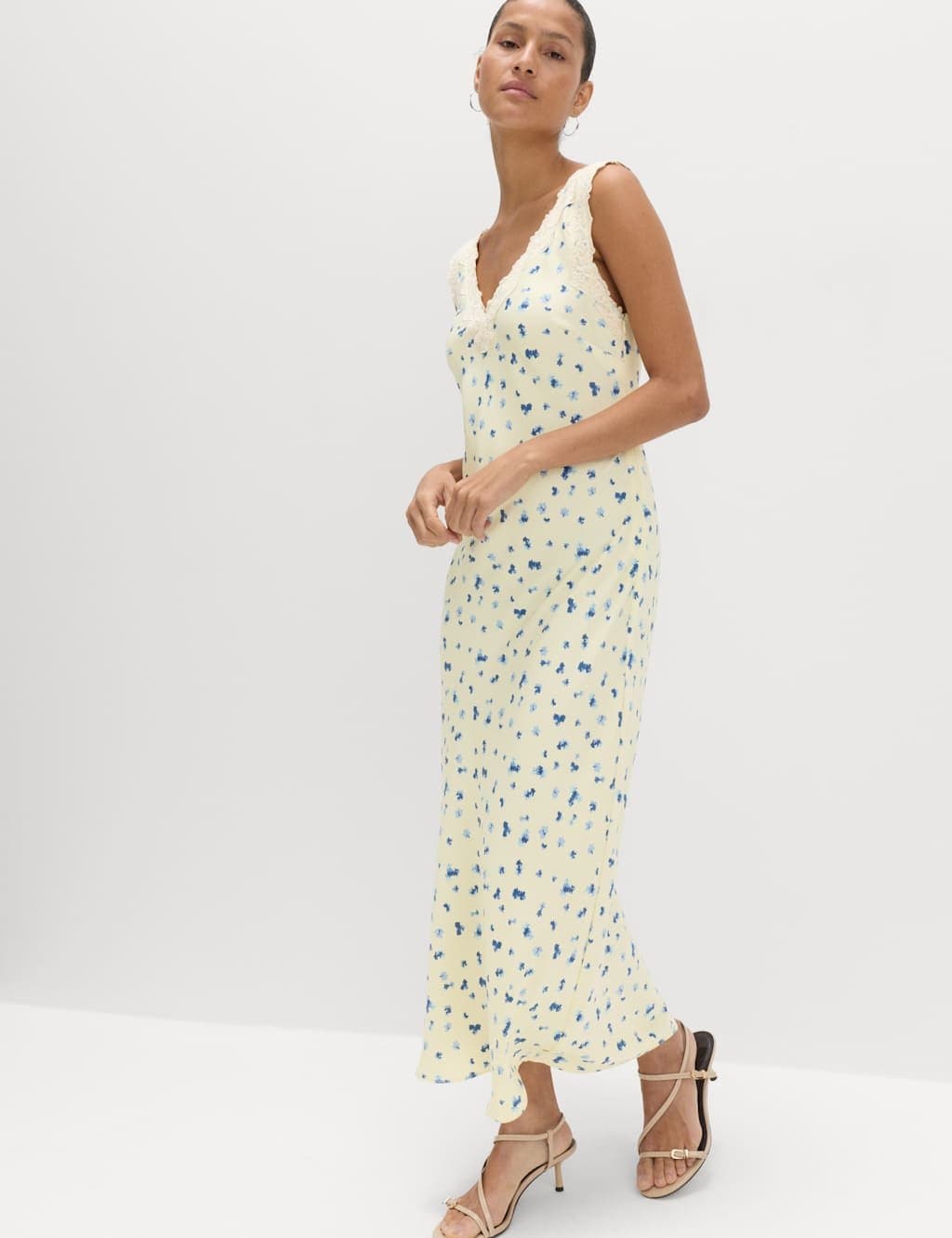 Marks & Spencer M&S Satin Floral and Lace Midi Slip Dress Yellow Mix