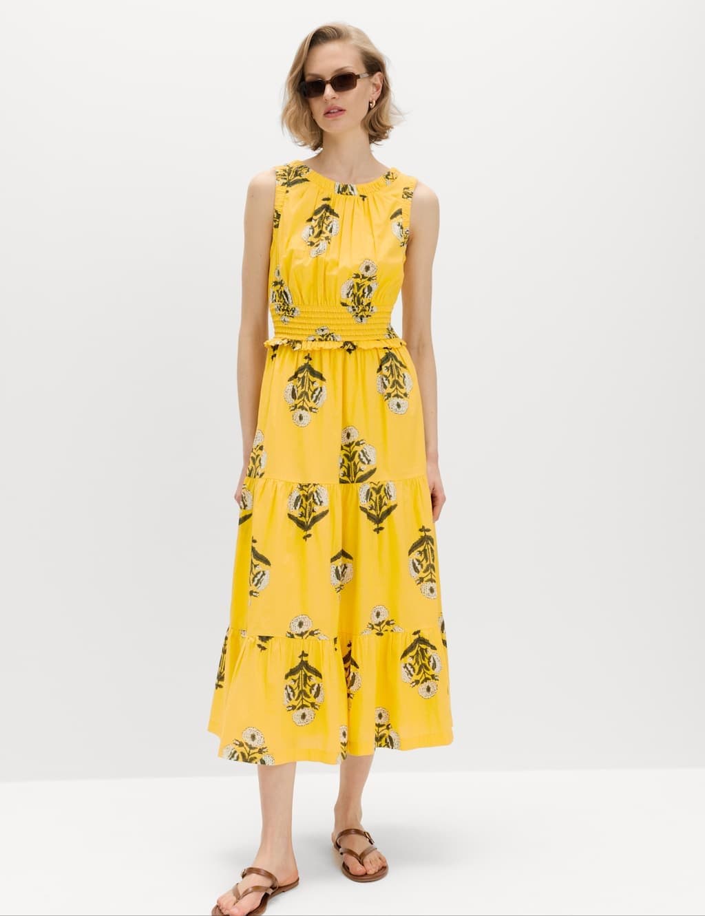 Marks & Spencer M&S Pure Cotton Floral Midi Waisted Dress Yellow Mix