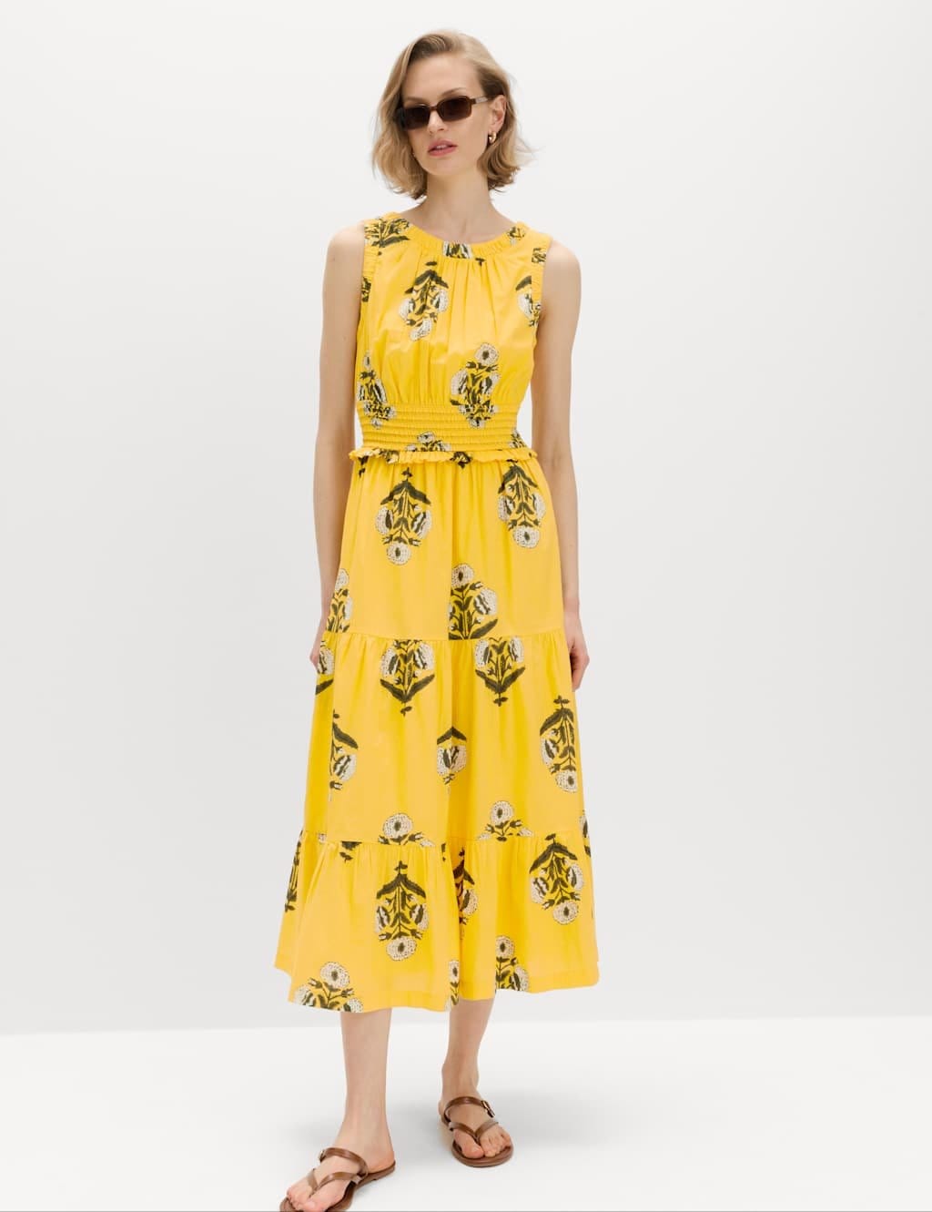 M&S Pure Cotton Floral Midi Waisted Dress Yellow Mix