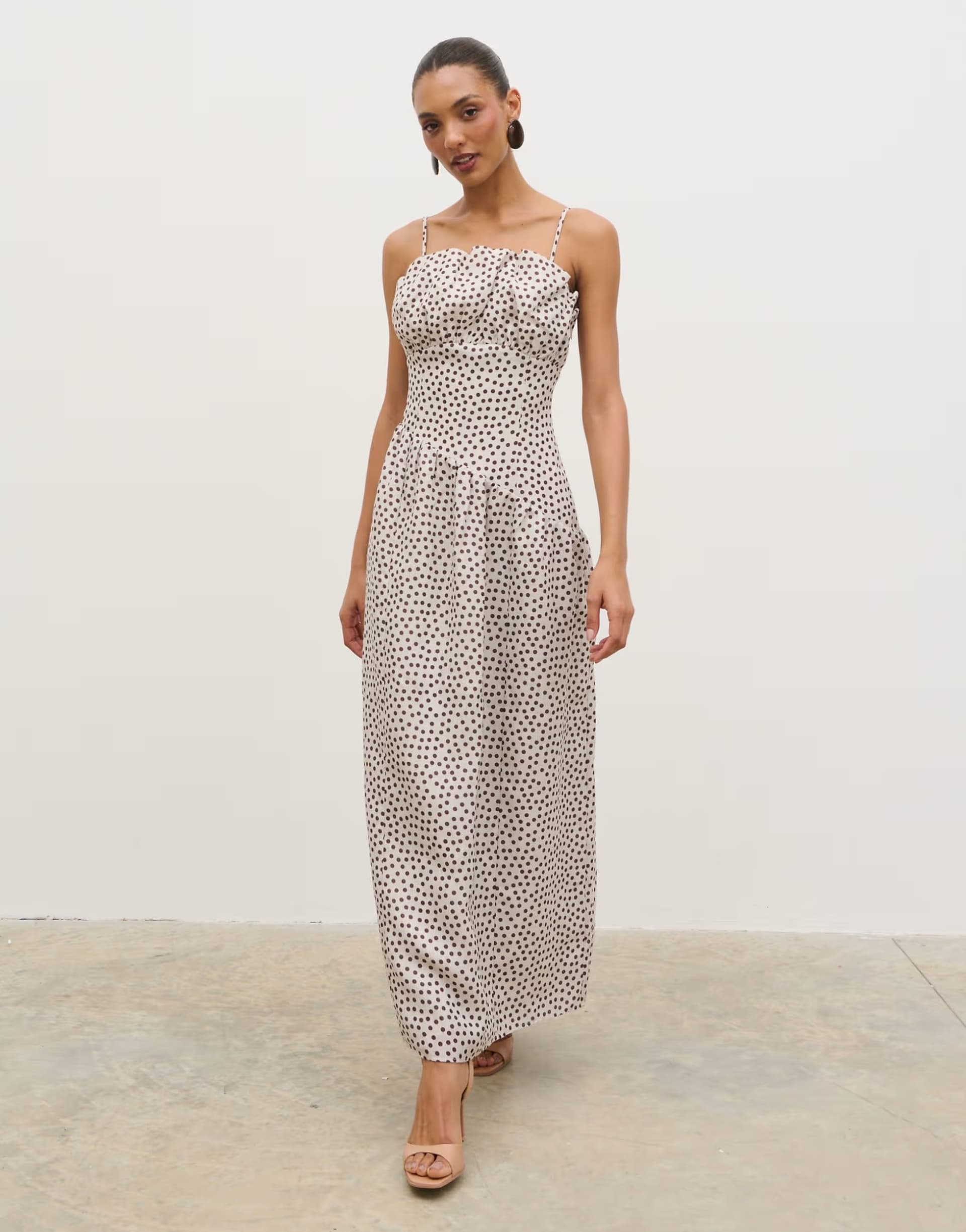 ASOS Pretty Lavish Zaria corset detail maxi dress in cream and brown polka dot