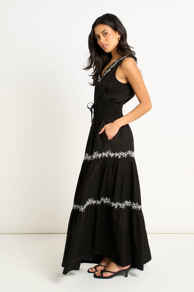Gini London Gini London Women's Black Floral Embroidery Tiered Maxi Dress - 3