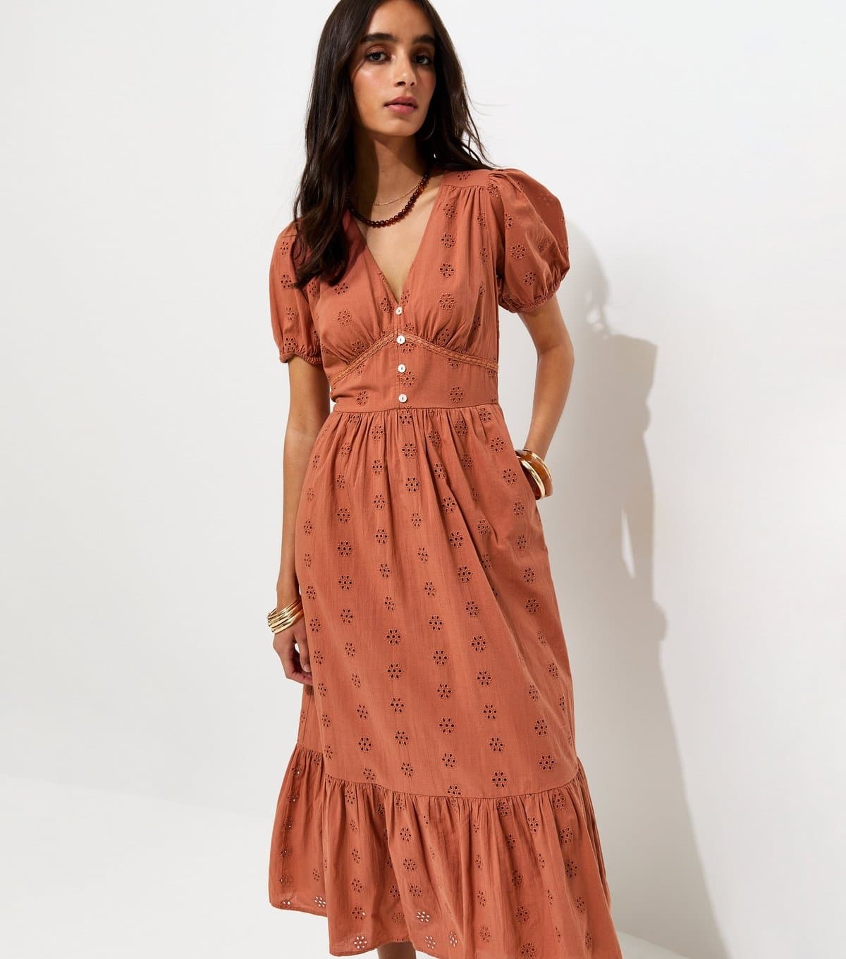 New Look Women's Rust Cotton Broderie Anglaise Puff Sleeve Midi Dress New Look