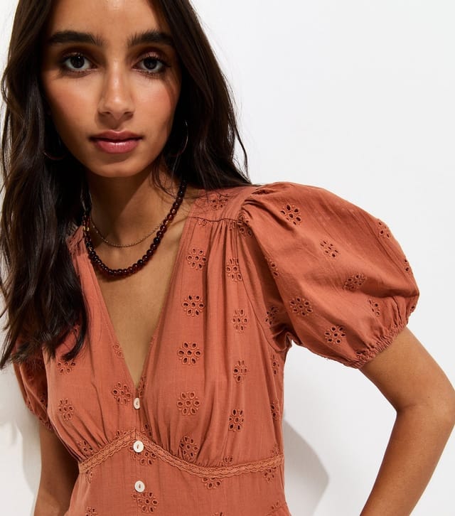New Look Women's Rust Cotton Broderie Anglaise Puff Sleeve Midi Dress New Look - 2