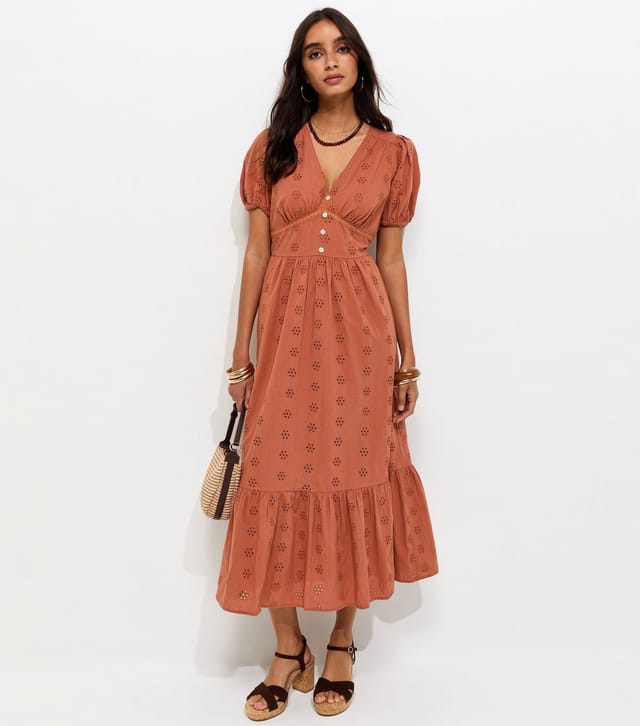New Look Women's Rust Cotton Broderie Anglaise Puff Sleeve Midi Dress New Look - 3