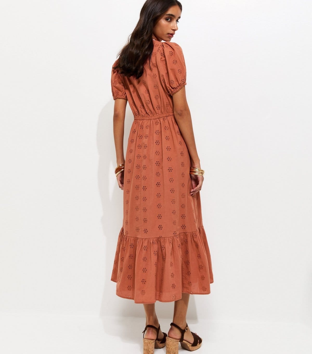 New Look Women's Rust Cotton Broderie Anglaise Puff Sleeve Midi Dress New Look - 4