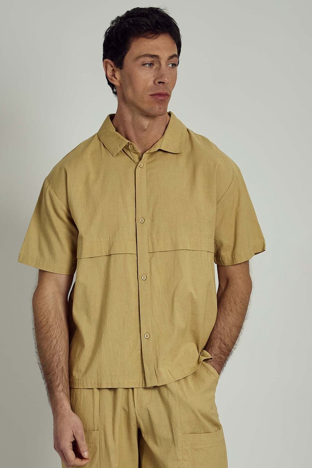 Native Youth Native Youth Men's Cotton Linen Blend Boxy Button Short Sleeve Shirt in Khaki