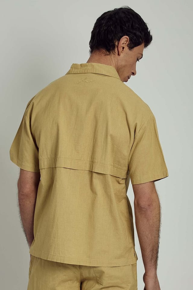 Native Youth Native Youth Men's Cotton Linen Blend Boxy Button Short Sleeve Shirt in Khaki - 2