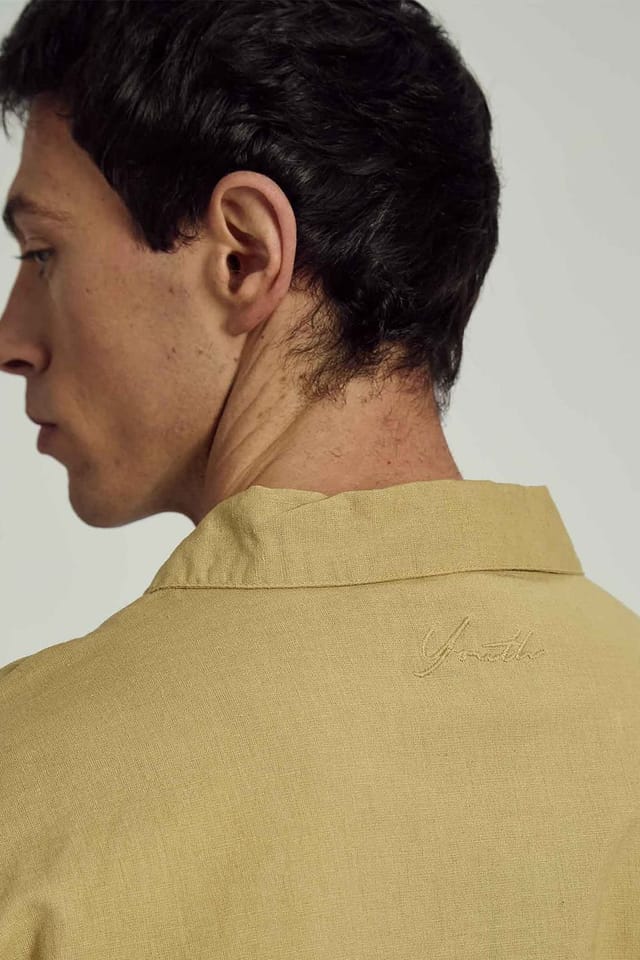 Native Youth Native Youth Men's Cotton Linen Blend Boxy Button Short Sleeve Shirt in Khaki - 3