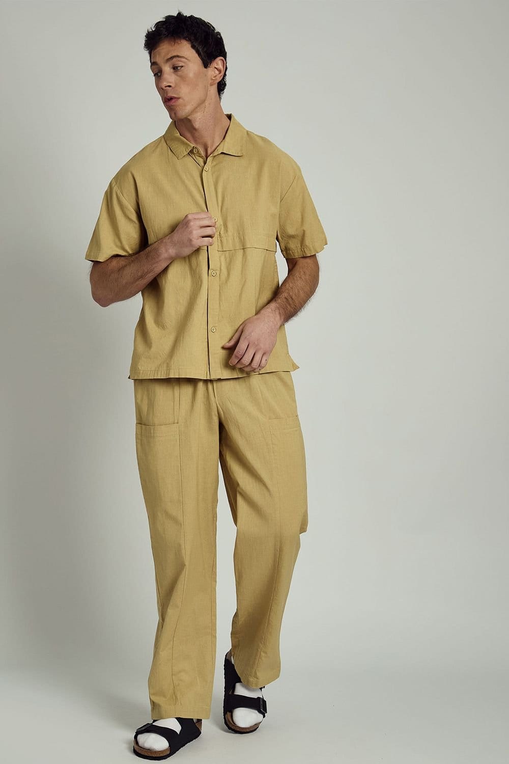 Native Youth Native Youth Men's Cotton Linen Blend Boxy Button Short Sleeve Shirt in Khaki - 4