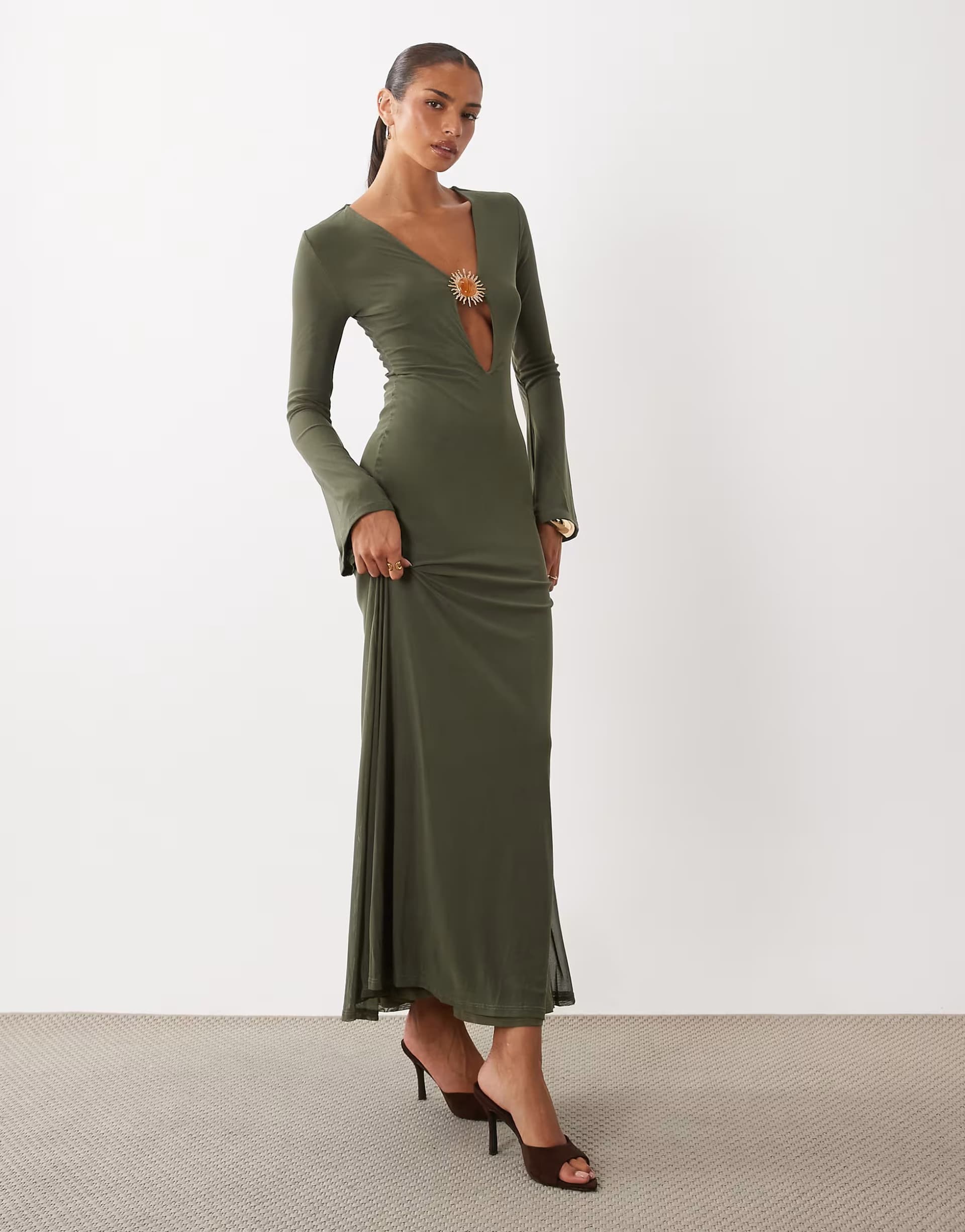 ASOS ASOS DESIGN mesh flute sleeve deep plunge maxi dress with gold trim detail in khaki