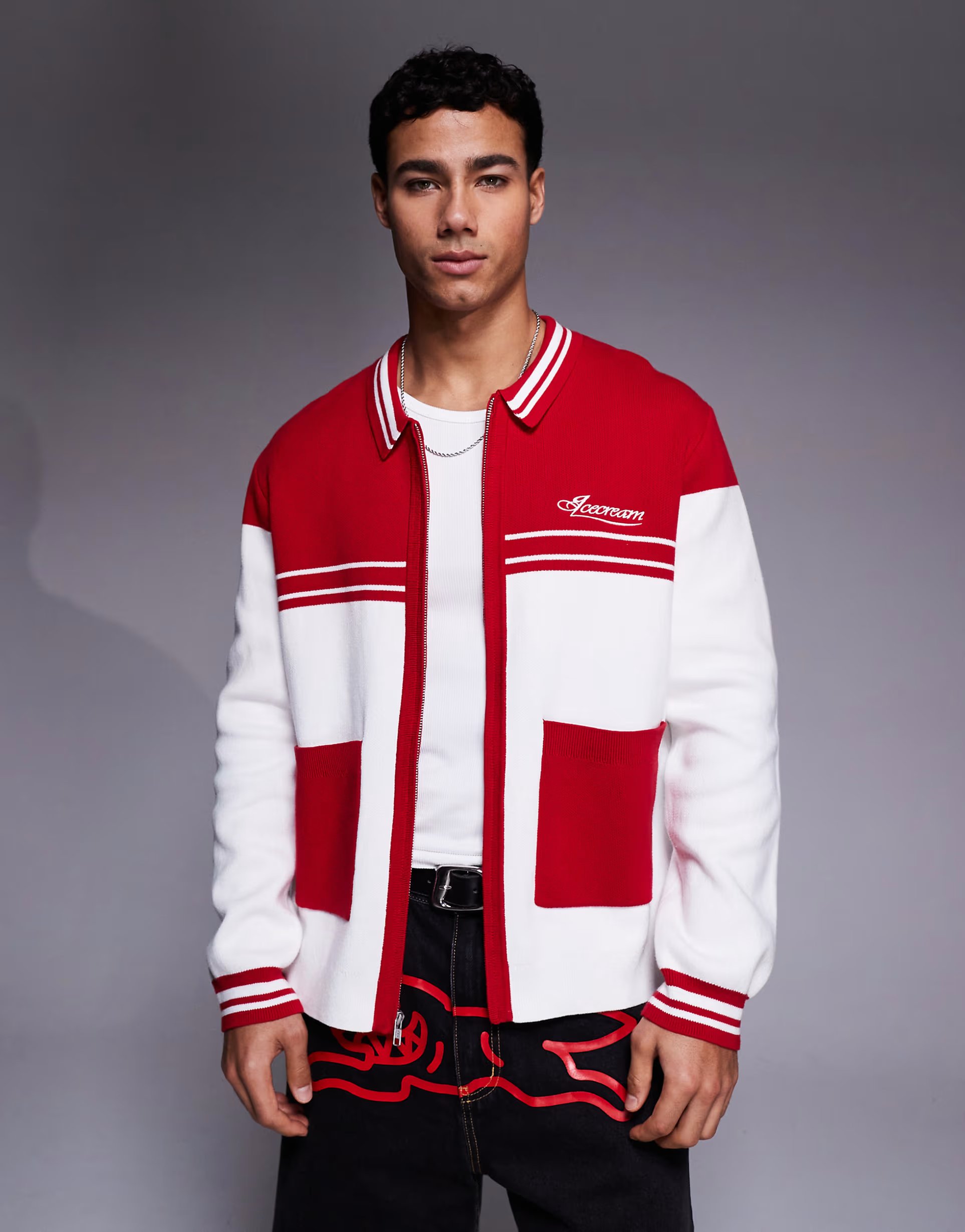 ASOS ICECREAM parlor zip through knitted cardigan with contrast panels in off white and red - 1