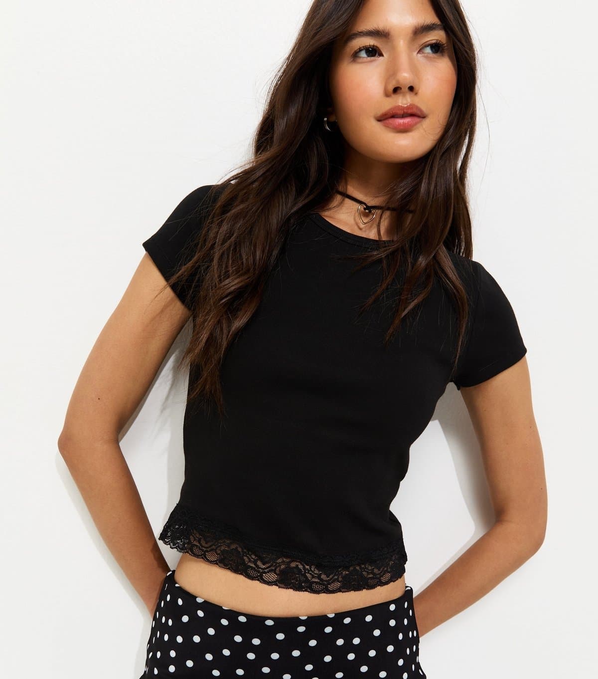 New Look Women's Black Lace Hem Baby Tee New Look