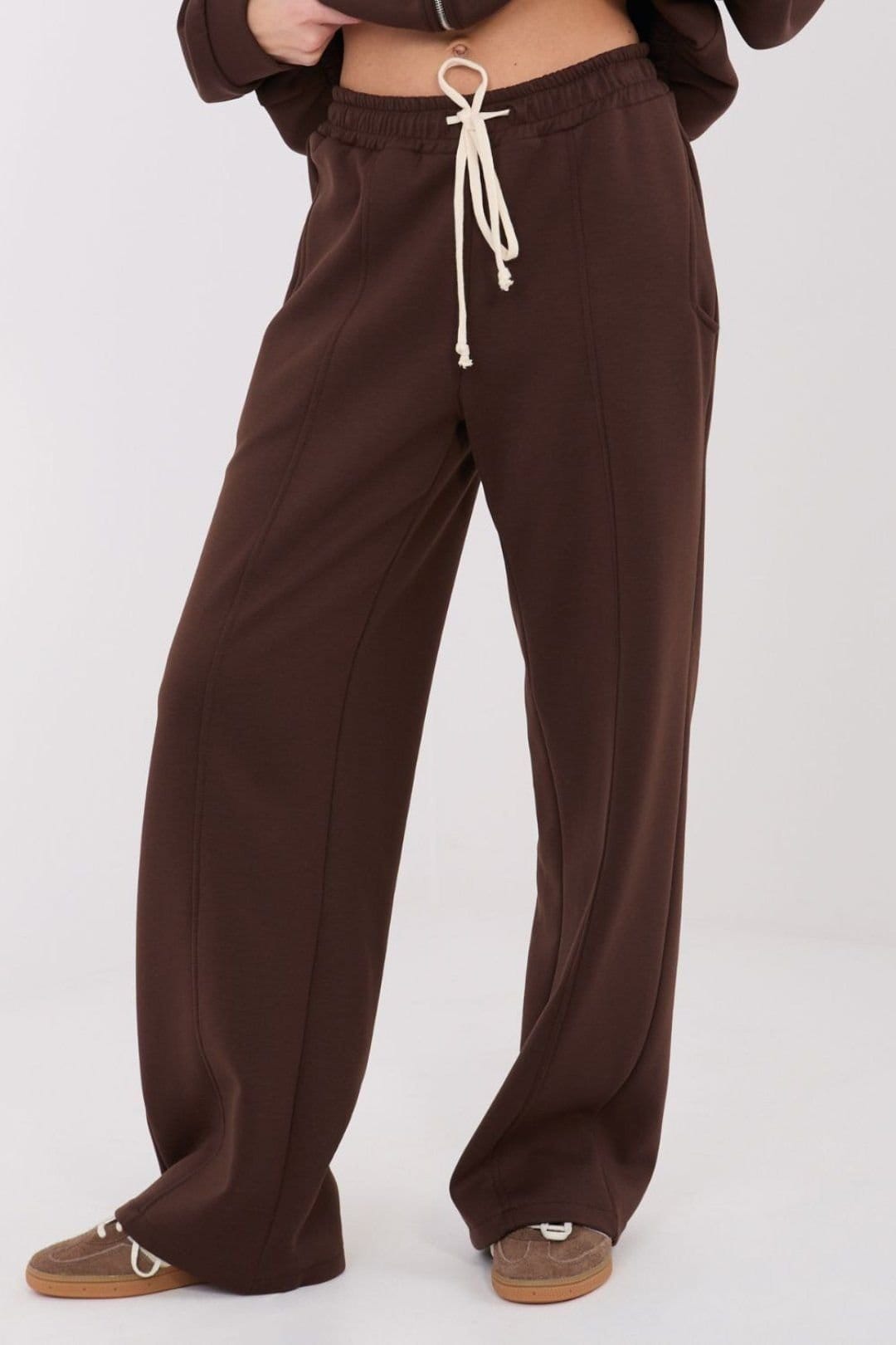 Love Lace Love Lace Women's High Waisted Wide Leg Sweatpants with Tie in Brown - 4