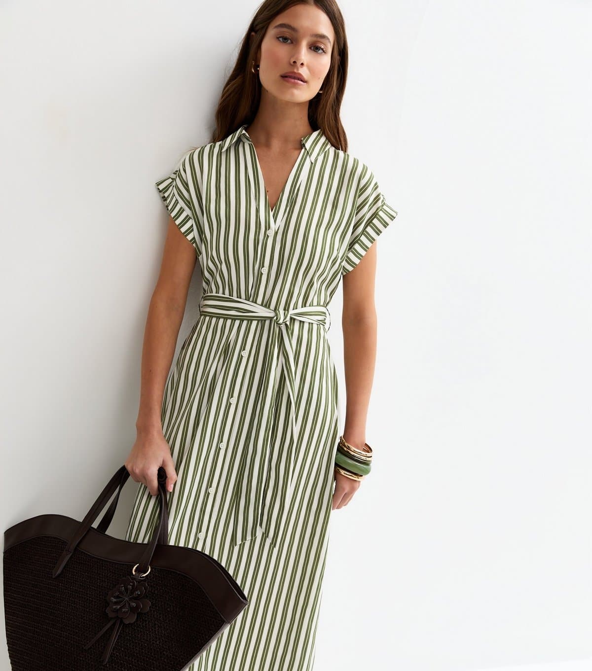 New Look Women's Green Striped Short Sleeve Midi Shirt Dress New Look