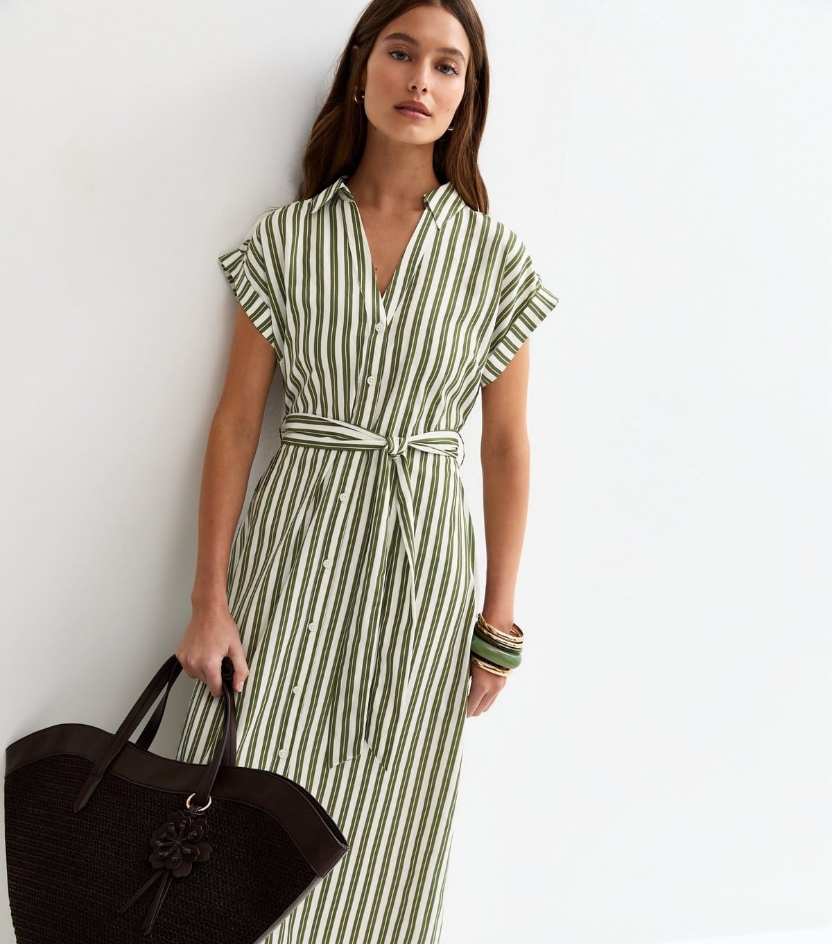 New Look Green Striped Short Sleeve Midi Shirt Dress