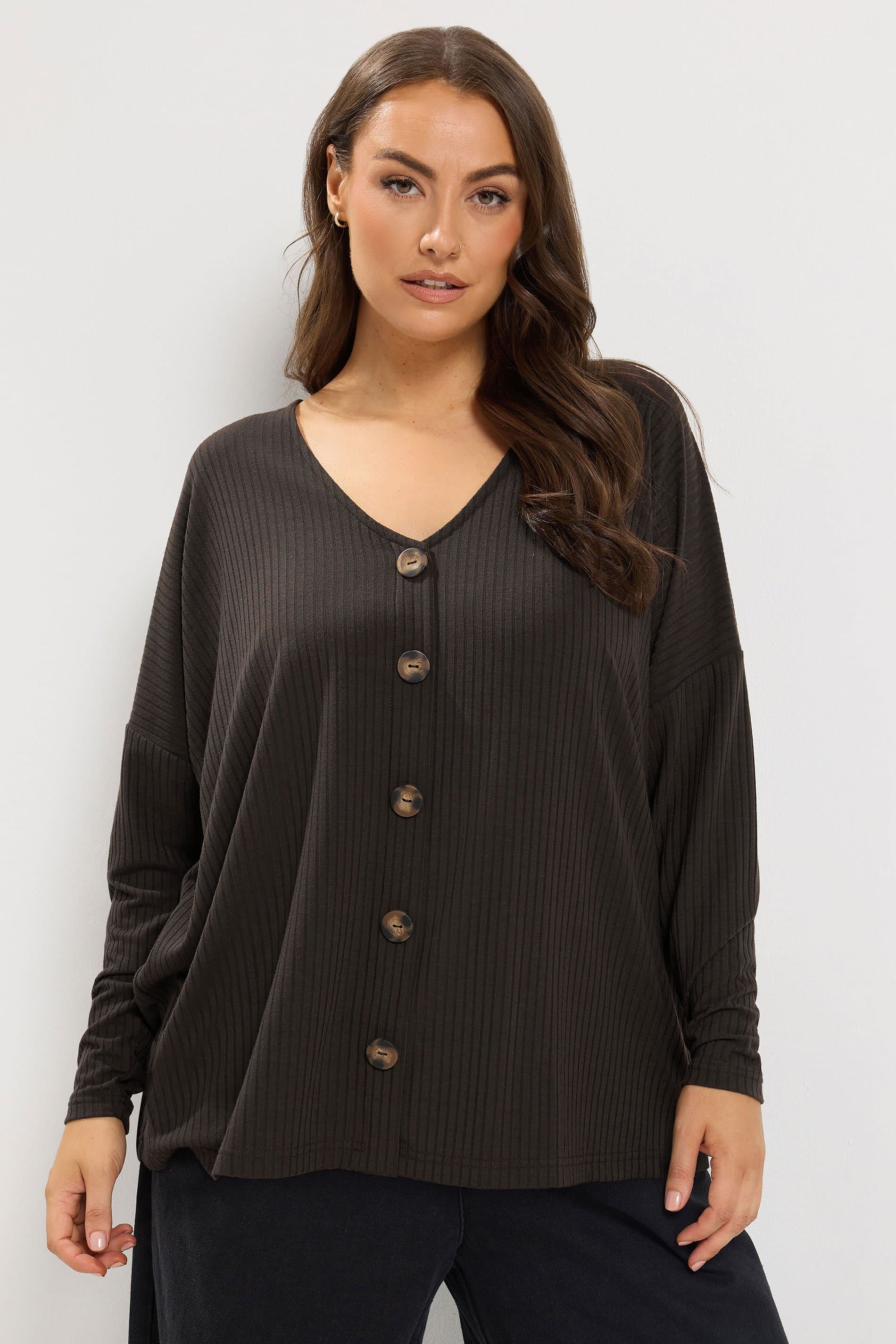 Yours Plus Size Chocolate Brown Ribbed Button Details Top